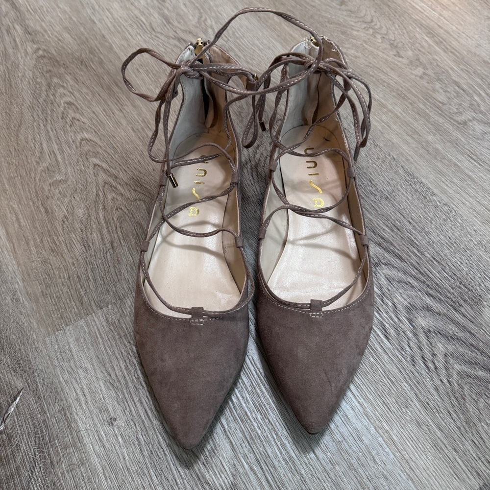 Unisa Lace Up Tie Pointed Ballet Flats Beige Suede 9 - Picture 2 of 9